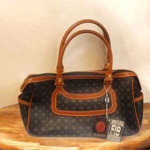 FIB  Italian Black & Brown Monogram Leather    Signature Satchel *new